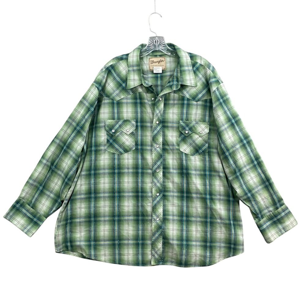 Wrangler Western Snap Shirt Men 3XL Green Plaid Metallic Lurex Pearl Snap Cowboy